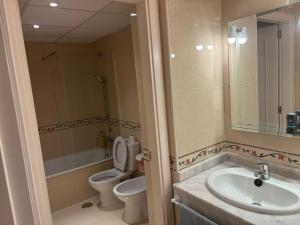 a bathroom with a sink and a toilet and a mirror at Salve habitación in Estepona