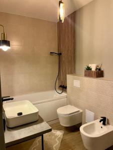 a bathroom with a sink and a toilet and a tub at Del House in Zărneşti
