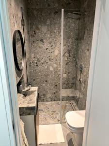 a bathroom with a shower with a toilet and a sink at Artistik in Vodice +8 photos