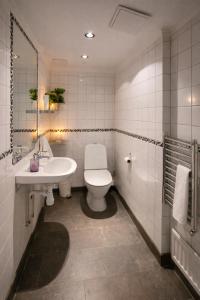 a bathroom with a toilet and a sink at Hotel Tre Små Rum in Stockholm