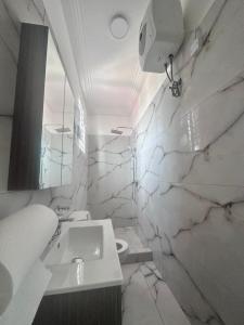a bathroom with a sink and a marble wall at Chateau de Mankosah in Accra +12 photos