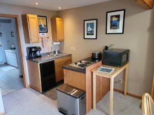 a small kitchen with a stove and a microwave at Bayfield Island View Lodging, Bayfield, WI in Bayfield