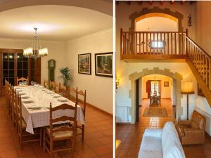 a dining room with a table and a staircase at Masia Can Cenç in Collsuspina