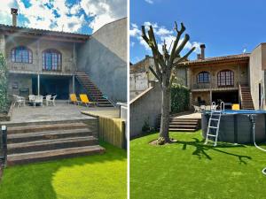 two pictures of a house with a tree and a yard at Masia Can Cenç in Collsuspina