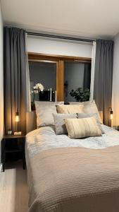 a bedroom with a large bed with a large mirror at Villa Bäckagård Bed and Breakfast in Åstorp