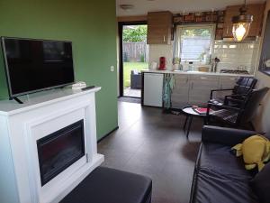 a living room with a fireplace with a flat screen tv at Sunrise in Hollum