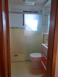a bathroom with a toilet and a shower at Loft 73 in Bento Gonçalves