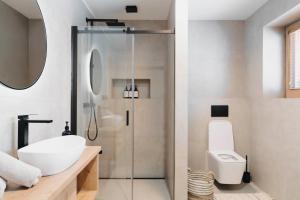 a bathroom with a shower and a sink and a toilet at Designové chalupy v Jeseníkách - Přemyslovské stráně in Kociánov