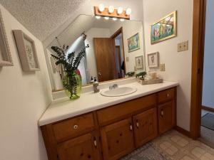 a bathroom with a sink and a vase with flowers at The Piney Woods Cabin in Nacogdoches +19 photos