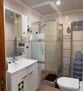 a bathroom with a shower and a sink and a toilet at Shell's Apartment in Praia do Carvoeiro +30 photos