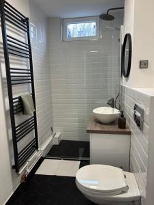 a bathroom with a white toilet and a sink at Clock in Gheorgheni