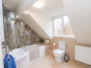 a bathroom with a white toilet and a sink at Fernlea in Morfa Nefyn +12 photos