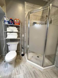 a bathroom with a shower and a white toilet at Lehi East Bench Private Apt! in Lehi