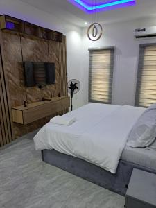 a bedroom with a bed and a tv on a wall at Diolux Comfy Apartments in Sangotedo +6 photos