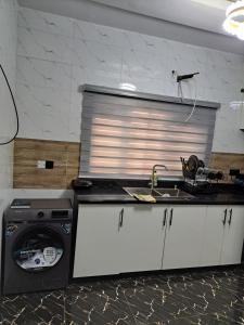 a kitchen with a sink and a washing machine at Diolux Peaceful Stay in Sangotedo +7 photos
