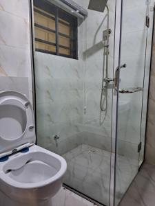 a bathroom with a toilet and a glass shower at Diolux Peaceful Stay in Sangotedo