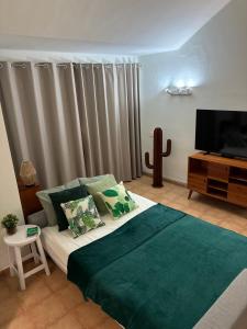 a bedroom with a bed and a flat screen tv at CASA MACA sea view & beach front in Puerto del Carmen