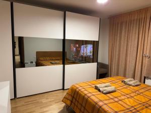 a bedroom with a bed and a large closet at Karen Sofia Modern Appartament in Opera