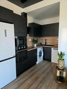 a kitchen with black cabinets and a white appliance at Le Joyau du lac in Charavines +12 photos