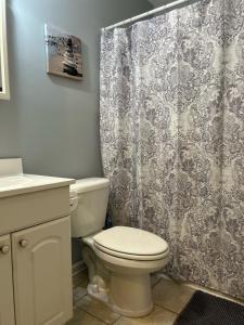 a bathroom with a toilet and a shower curtain at Under the Oaks, A Downtown Hidden Gem in Wilmington