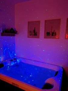 a purple room with a hot tub in it at Suite Évasion Spa - Tiny House in Vernouillet +17 photos