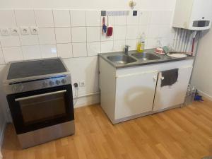 a small kitchen with a stove and a sink at Lux 1 in Orléans +5 photos