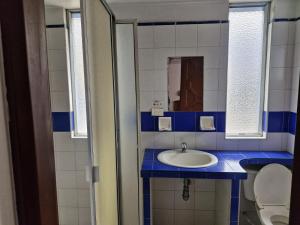 a bathroom with a sink and a mirror at Hotel Rio Mayo in Pasto