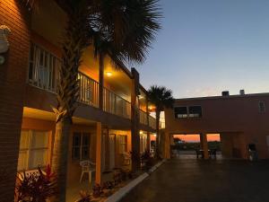 a building with a palm tree in front of it at Birdsong Beachfront Condo in St. Pete Beach