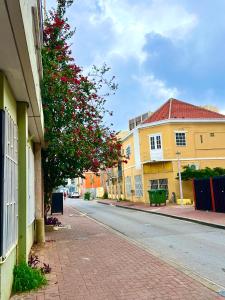 an empty street with a tree with red flowers at Dushi Apartments in Willemstad