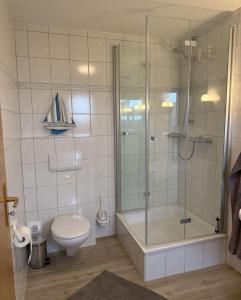 a bathroom with a shower and a toilet and a tub at Utholmer-Strasse-3 in Brösum +11 photos