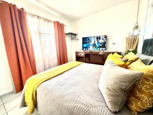 a bedroom with a bed with pillows and a television at CASA YON SAN JUAN escapada en pareja in Cuautitlán Izcalli