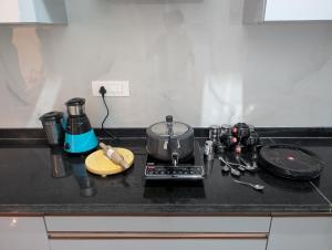 a kitchen counter top with a stove and a appliance at Elite Homes in Chikmagalūr +17 photos