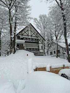 a house covered in snow with a car in front at Kitakaze Chalet in Myoko