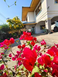 a bunch of red roses in front of a house at AnChanPoolvilla อัญชัญ พลูวิลล่า in Pak Johng