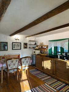 a kitchen with a table and chairs in a room at La Răscoala in Petrila