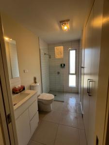a white bathroom with a toilet and a shower at Bruny Seaview Escape in Alonnah +30 photos