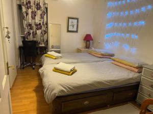 a bedroom with two beds with blue lights on them at COSY COTTAGE FOR SHARE , Private Double Room, Wifi, Parking, Garden in Edinburgh