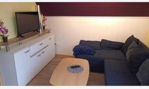 a living room with a couch and a tv at Haus Seemöwe Obergeschoss in Wittmund