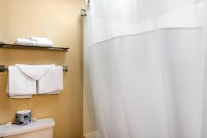 a bathroom with a white shower curtain and towels at Quality Inn at Bangor Mall in Bangor