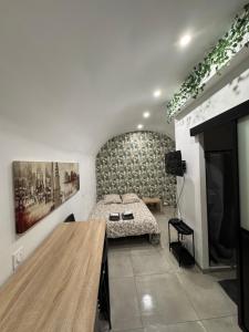 a bedroom with a bed and a table and a fireplace at Studio rénové centre-ville - Tram et Parking gratuit in Saint-Jean-de-Védas