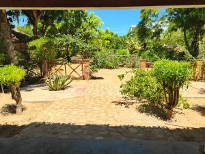 a courtyard with trees and a gate in a yard at Auberg'inn in Toliara
