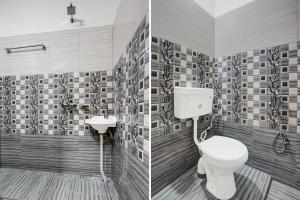two pictures of a bathroom with a toilet and a sink at Hotel O DS TANDOORI in Bokāro