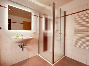 a bathroom with a sink and a shower at Dünenhaus Lancken-Granitz in Lancken-Granitz +30 photos