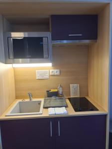 a kitchen with a sink and a microwave at Appart'Hotel Parc Johan in Chauffailles +39 photos