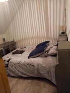 a bed with blue pillows in a bedroom at vive l'auvergne in Vensat