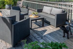 a patio with two chairs and a dog on a deck at SeeAtelier Grundlsee - Your Austrian Home in Grundlsee