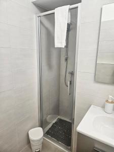 a bathroom with a shower and a toilet and a sink at La Guglia - Maison à Porter in Vasto +15 photos