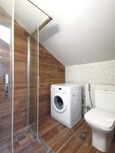 a bathroom with a washing machine and a toilet at Athenean Rooftop Nest in Athens +15 photos