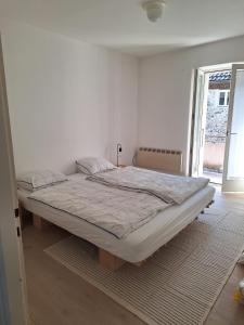 a bedroom with a large bed in a white room at Ferienhaus in Piazzogna in Gambarogno