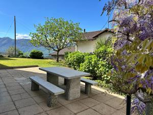a stone picnic table and bench in a garden at Ferienhaus in Piazzogna in Gambarogno